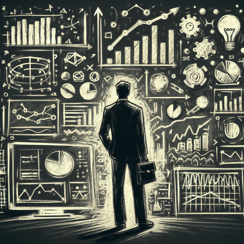 charchoal drawing of man looking at figures and data